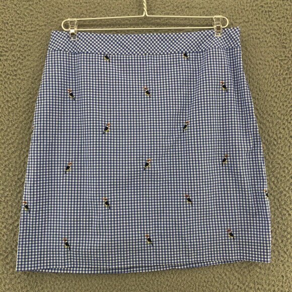 Talbots Skirt Women 10 Petite Blue Gingham Check Toucan Embroidery Mini Straight - Picture 1 of 11